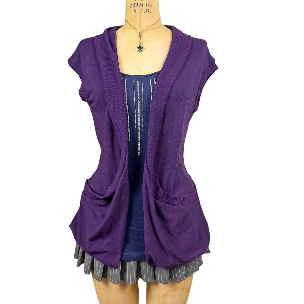 Y2K Whimsigoth Purple Knit Cardigan Vest Shawl Collar Draped Pockets Layering M